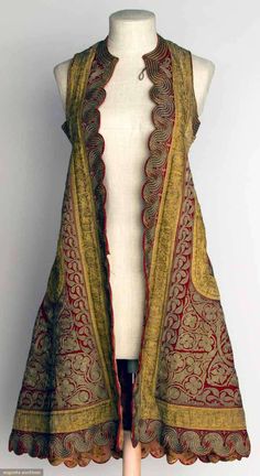 Albania, woman's sleeveless coat, red wool w/ elaborate gold metallic embroidery & gilt trim, printed cotton lining, 19th c Coat Embroidery, Gold Traditional Wear In Art Silk With Intricate Embroidery, Gold Art Silk Traditional Wear With Intricate Embroidery, Vests For Women, Traditional Vest With Intricate Embroidery, Traditional Red Embroidered Kimono, Traditional Embroidered Silk Kimono, Sleeveless Coat, Mode Boho