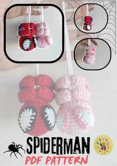 crocheted spiderman baby booties hanging from a hook with text overlay