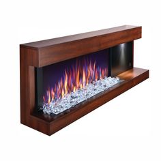 an electric fireplace with flames and ice on the side