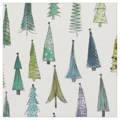 watercolor christmas trees on white paper with blue, green and yellow colors in the background