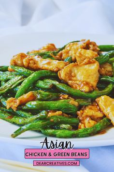 Asian Chicken and Green Beans Recipe - Use skinless, boneless chicken breasts cut into strips, green beans, shredded carrots… This is an easy dinner for any night of the week. You don't need a wok to cook a Chinese chicken dinner at home. This chicken stir-fry with green beans is made in a non-stick pan but, can be made in a wok. Quick, easy and delicious - Print the recipe for this chicken stir-fry at DearCreatives.com  image of chicken stir-fry with green beans on a plate Asian Chicken And Green Beans, Chicken Breast And Green Bean Recipes, Chicken And Green Bean Stir Fry, Green Bean Chicken Stir Fry, Chicken And Green Bean Recipes, Hawaii Meals, Green Beans And Chicken, Green Bean Chicken