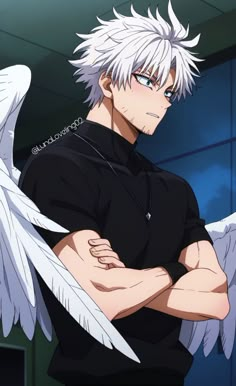 an anime character with white hair and wings on his chest, looking at the camera