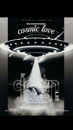 the poster for cosmic love is shown in black and white