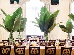 the tables are set up with vases and centerpieces in front of large windows