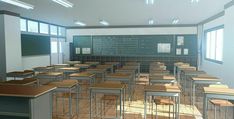 an empty classroom with desks and chalkboard on the wall in front of it