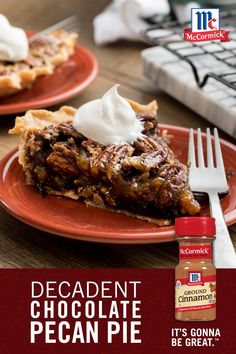 an advertisement for chocolate pecan pie on a red plate with a fork and knife