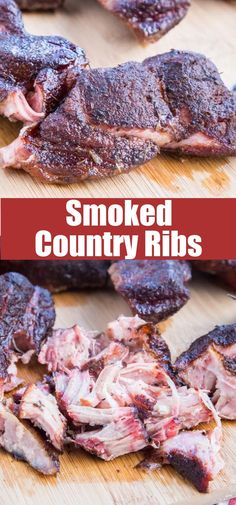 smoked country ribs on a cutting board with text overlay