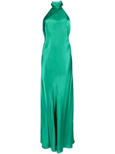 Green Halter Dress, Gown Green, Halter Neck Gown, Kimono Gown, Satin Evening Gown, Long Green Dress, Green Silk Dresses, Michelle Mason, Silk Gown