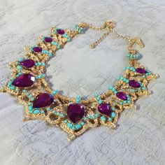 It Is Beautiful, Elegant, Modern And Versatile. This Necklace It Is Brand New And In Perfect Condition But Doesn't Have Tags. (Bs8) Purple Jeweled Necklaces For Party, Purple Jeweled Necklace For Party, Purple Jeweled Party Necklace, Gold And Turquoise Jewelry, Jewerly Art, Colorful Statement Necklace, Purple Turquoise, Chunky Necklace, Turquoise Jewelry