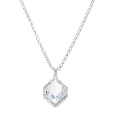 Herkimer Mines "Diamond" Quartz and Gem Hexagon Halo Drop Necklace Elegantly angular and easy to style, this charming necklace's "diamond" quartz dons a twinkling halo of pavé topazes. Make it the heavenly finishing touch to just about any outfit.       Necklace approx. 18"L x 1/16"W with 2" extender     Drop approx. 1"L x 11/16"W     Stamped .925 sterling silver; polished finish      Rolo-link chain with curb-link extender: lobster-claw clasp    Stone Information       All sizes and weights approximate     Herkimer "Diamond" Quartz: Hexagonal; 10.18ctw     Herkimer "Diamond" Quartz: Freeform (3-4mm); N/A ctw     White Topaz: Round; 22ctw Octagon Necklace For Wedding, Diamond Cut Octagon Necklace, Elegant Silver Hexagon Necklace, Elegant White Octagon Necklace, Elegant Faceted Hexagon Necklace, Elegant Hexagon Faceted Necklace, Holiday Organization Storage, Hexagon Halo, Holiday Storage