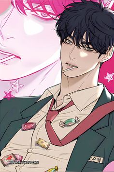 an anime character with black hair and red tie in front of a pink background,