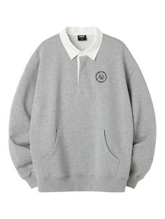 This is a casual and comfortable sweatshirt made out of high quality cotton and polyester blend fabric. With design detail of color blocked collar detail, logo embroidery on the front chest, and kangaroo pocket, it gives a casual and unique mood to your look.- Tumble and tentar washed fabric- Logo embroidery on the chest- Ribbed cuff and hem- Kangaroo pocket on the front Sporty Gray Sweatshirt With Ribbed Collar, Gray Long Sleeve Sweatshirt With Ribbed Collar, Gray Embroidered Logo Sweatshirt For Streetwear, Gray Crew Sweatshirt With Ribbed Collar, Gray Crew Neck Sweatshirt With Ribbed Collar, Gray Ribbed Collar Sweatshirt For Streetwear, Cotton Sweatshirt With Pockets For College, College Gray Sweatshirt With Embroidered Logo, Fabric Logo