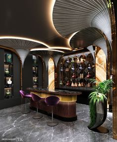 a bar with purple chairs and shelves filled with bottles on the wall, next to a potted plant