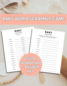 the baby word scramble game is shown on top of a table with shells and seashells