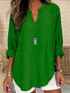 Style:Casual \nHem Shaped:Asymmetrical \nNeckline:Notched \nSleeve Type:Roll Up Sleeve \nType:Top \nColor:Green \nPattern Type:Plain \nSleeve Length:Long Sleeve \nLength:Regular \nFit Type:Regular Fit \nFabric:Slight Stretch \nMaterial:Woven Fabric \nComposition:97% Polyester \nComposition:3% Elastane \nCare Instructions:Machine wash or professional dry clean \nSheer:No \n Business Casual Minimalist, Oversized Long Sleeve Shirt, Preppy Prom, Trendy Business Casual, Business Formal Dress, Coachella Dress, Boho Bridesmaid, Formal Dresses Gowns, Hem Blouse