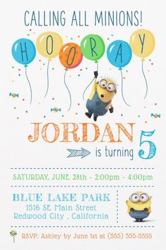 Despicable Me | Minion Balloon Birthday Invitation
Minions Franchise © Universal City Studios LLC. All Rights Reserved. Invite all your family and friends to your child's Despicable Me themed Birthday party with these cute Minion invites. Personalize by adding all your party details. Minion Party Invitations, Cute Birthday Invitations, Minions Birthday Theme, Minion Balloons, Minion Invitation, Minion Birthday Invitations, Minions Birthday, Minion Theme, Minion Birthday Party