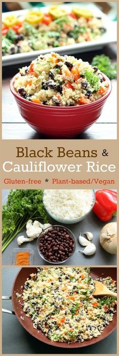 black beans and cauliflower rice in a red bowl