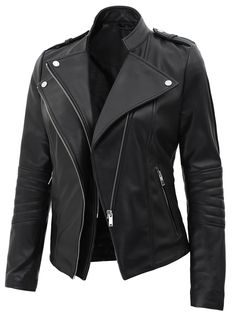 ► 100% Real Leather ★ Ultra-soft, supple Material ► Rayon lining ► Zipper closure ► Dry Clean Only ► Our black leather jackets for women are made up of real lambskin leather, Lined with smooth viscose lining for superior softness and comfort. ► Our real leather jacket women is a modern fit jacket. For an accurate size, please refer to the size chart provided in the picture. ► Front: Asymmetrical Zip Closure, Multiple Pockets with internal viscose lining are key features of womens leather jackets Quilted Decorations, Jaket Motor, Cafe Racer Leather Jacket, Leather Jackets Online, Bike Jacket, Womens Black Leather Jacket, Leather Store, Womens Biker Jacket, Lambskin Leather Jacket