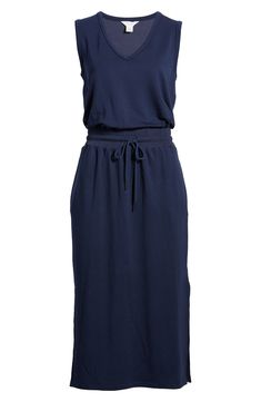 This incredibly versatile dress that pairs a blouson V-neck top with a drawstring midi skirt is perfect for the warm weather ahead. 46 1/2" length (size Medium) Slips on over head V-neck Sleeveless Elastic/drawstring waist Unlined 66% modal, 29% cotton, 5% spandex Machine wash, line dry Imported Versatile Midi Dress For Day Out, Versatile Knee-length Midi Dress For Summer, Casual Spring Dresses With Banded Waist, Casual Spring Dress With Banded Waist, Chic Midi Dress With Elastic Waistband For Vacation, Casual Dress With Banded Waist For Spring, Versatile Summer Loungewear Dresses, Casual Rayon Maxi Dress With Tie Waist, Chic Midi-length Dress With Drawstring