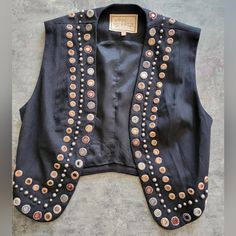 Vintage Double D Ranchwear Mirrorec Vest. Beautiful Black Vest Decorated With Small Mirrors Held By Various Colors Of Embroidery, And Accented With Various Sized Silver Brads H1 Coats Vintage, Double D Ranch, Small Mirrors, Black Vest, Jackets & Coats, Jackets For Women, Embroidery, Silver, Women Shopping