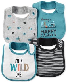 three baby bibs with the words happy camper and i'm a wild one