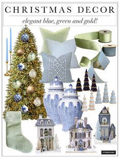 christmas decor with blue and gold accents on the bottom, green and gold decorations below