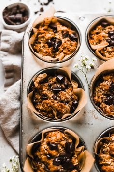 an overhead view of muffins with chocolate chips