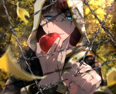 an anime character is eating an apple behind a barbed wire fence