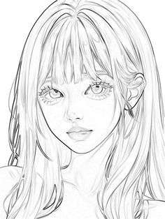 a girl with long hair and bangs is shown in this black and white drawing technique