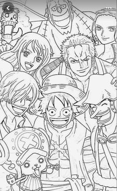 the cartoon characters from one piece are shown in black and white, as well as an image