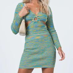 Long Sleeve Mini Dress Cut Outs O Ring Blue/ Green/ Yellow Colors Light Blue V-neck Bodycon Dress For Spring, Trendy Blue Midi Dress For Spring, Trendy Blue Bodycon Spring Dress, Trendy Blue Bodycon Dress For Spring, Spring Blue Bodycon Dress, Light Blue Long Sleeve Bodycon Dress For Spring, Blue Bodycon Dress For Spring Day Out, Long Sleeve Cut Out Dress, Circus Dress