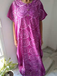 Cotton kaftan Traditional Batik Print Kaftan For Beach, Purple Tunic Maxi Dress For Vacation, Beachwear Kaftan With Batik Print For Beach, Casual Purple Tunic Kaftan, Purple Long Kaftan For Beach Cover-up, Long Purple Kaftan For Vacation, Purple Short Sleeve Kaftan For Beach, Purple Short Sleeve Maxi Dress For The Beach, Batik Print Free Size Kaftan For Beach