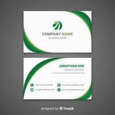 two business cards with green wavy lines on the front and back, one is for company name