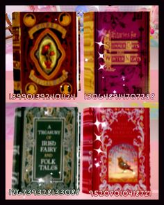 four different colored books with gold trimmings and designs on the front, one in red