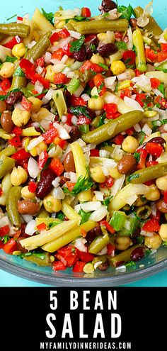 a bowl filled with beans and vegetables on top of a blue table next to the words 5 bean salad