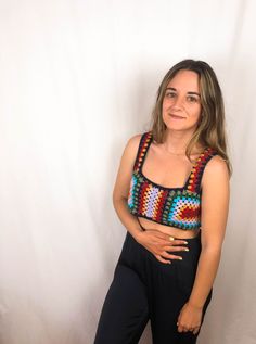 70's hippie top Square Neck Crop Top For Beach, Multicolor Cropped Crochet Top For Vacation, Multicolor Granny Square Crop Top For Summer, Multicolor Sleeveless Crochet Crop Top, Multicolor Crochet Sleeveless Crop Top, Bohemian Crochet Multicolor Tank Top, Multicolor Sleeveless Crochet Top With Granny Square, Multicolor Cotton Crochet Crop Top, Casual Multicolor Crochet Lace Crop Top