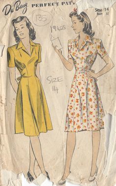 Garment Inspiration, Fashion 1940s, Vintage Dress Patterns, Vintage Romance, Motif Vintage, 40s Fashion, 1940s Dresses, Retro Mode