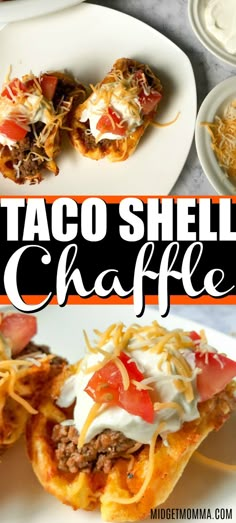 taco shells with cheese and tomatoes on them are the perfect appetizer to serve