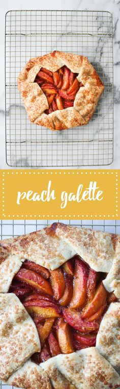 peach galette pie on a cooling rack with text overlay