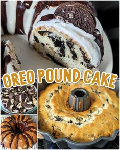 there is a collage of cakes and desserts with oreo pound cake in the middle