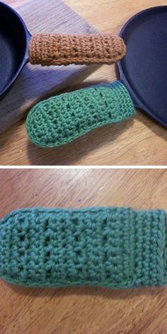 crocheted oven mitts sitting on top of a wooden table next to an iron skillet