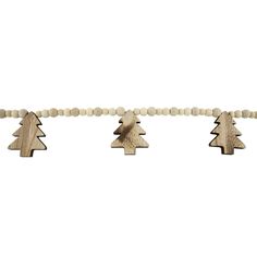 three wooden christmas trees hanging from a string