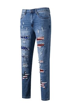 American Flag Patched Jeans feature a classic button zip fly, 5 pockets, and a comfortable boyfriend style. Made of quality cotton-blend fabric, these pants are a popular choice for modern women worldwide. Pair with any tees or shirts for a fashionable look.Graphic > Graphic Pants Material: 75%Cotton+24%Polyester+1%Elastane Color: light blue Style: casual Pattern: Star,Flag Trendy Cotton Jeans For 4th Of July, Formal Dress Jacket, Graphic Pants, Star Flag, Denim Short Jumpsuit, Graphic Pant, American Flag Patch, Short Loungewear, American Flag Print