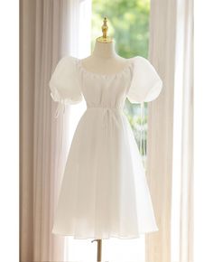 Buy simple bubble sleeved knee length casual short wedding dress at wholesale price online. Free shipping and pro custom service since 2009. Puff Sleeve Wedding Dress, Delicate Gown, Bow Wedding Dress, Satin Short, Standard Dress, Sleeve Wedding Dress, White Off Shoulder, Wedding Fabric, Short Wedding Dress