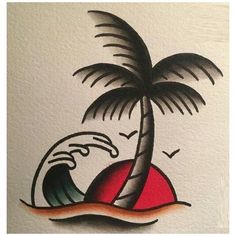 a drawing of a palm tree on top of a red ball with waves coming out of it