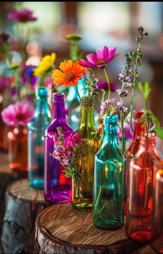 there are many different colored glass bottles on the tree stump, with flowers in them