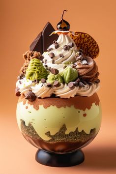 an ice cream sundae with various toppings on top