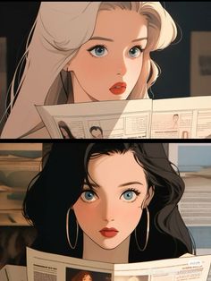 two pictures of the same woman with blue eyes, one is reading a newspaper and another has