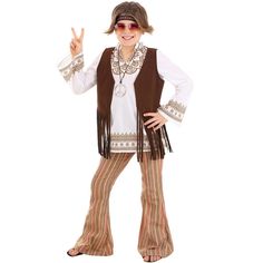 a woman in a hippie outfit is making the peace sign