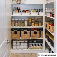 an organized pantry with baskets and food items